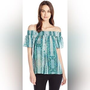 NEW Greylin Off the Shoulder Teal Printed Smocked Top Short Sleeve Blouse 688